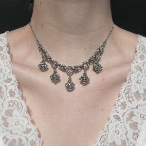 Vintage gothic silver chainmaille choker necklace with caged pearls